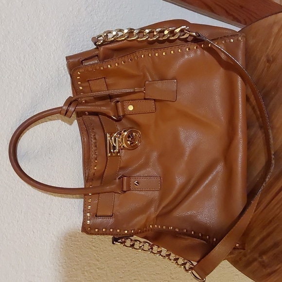 Michael Kors Hamilton SATCHEL PURSE Neutral Cognac Gorgeous Gold - Picture 1 of 10